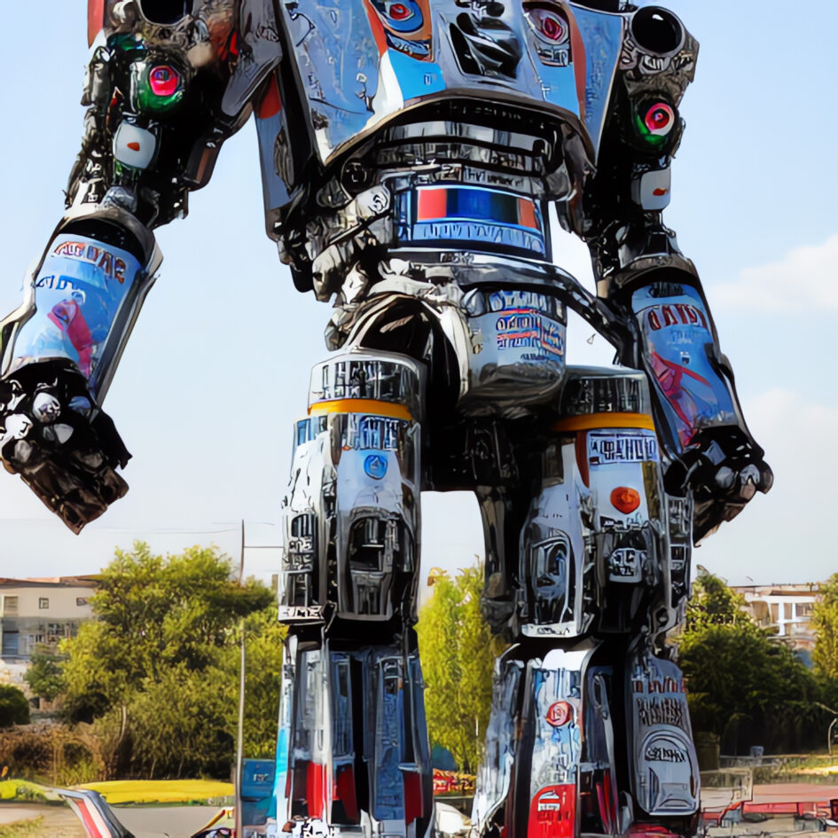 a giant robot build out of beer cans and towering above the viewer in a monster movie realistic style
